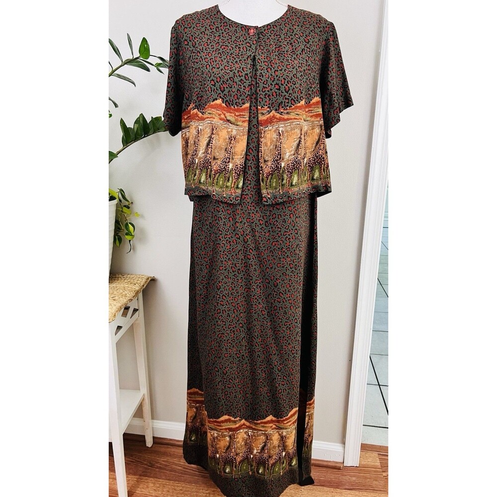 Vintage Robbie Bee Brown Giraffe Maxi Dress 2 Pc Set Safari Animal Print Size 10 - Picture 4 of 12